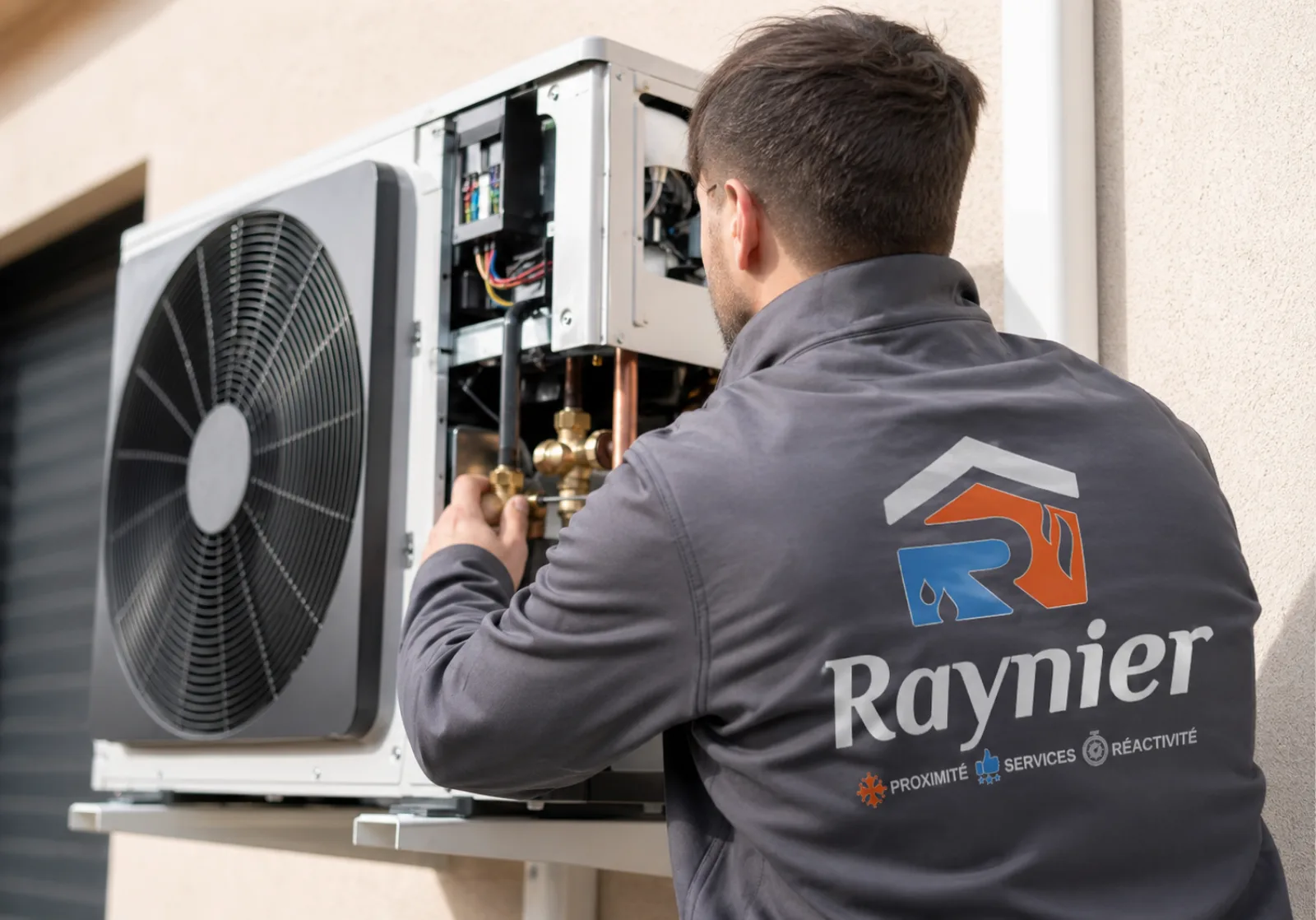 Technicien Raynier intervenant sur l'unité technique d'une pompe à chaleur air/eau