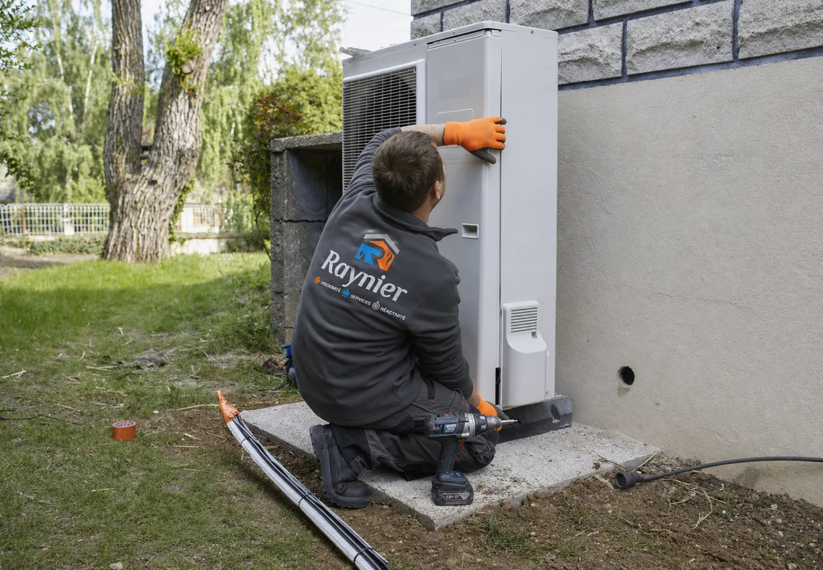 Installation d'une pompe à chaleur sur dalle béton par un technicien Raynier dans l'Aude