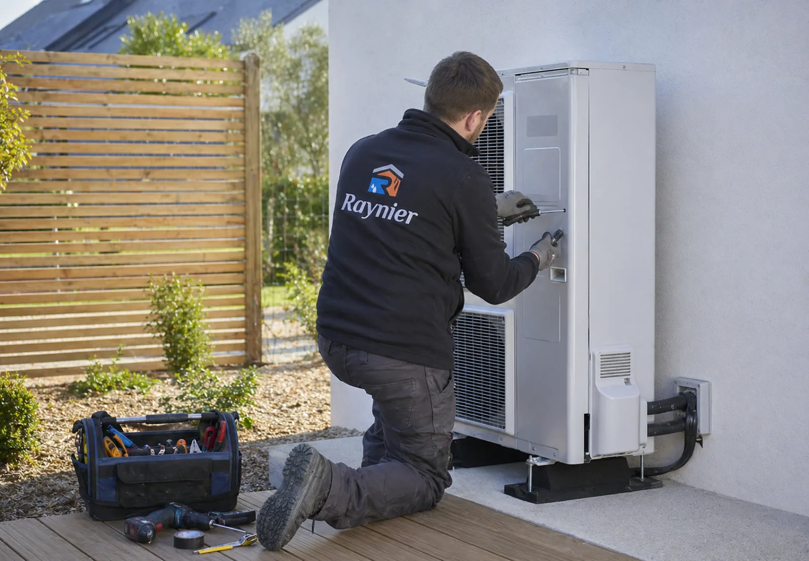 Technicien Raynier en cours d'installation d'une pompe à chaleur air/eau dans l'Aude