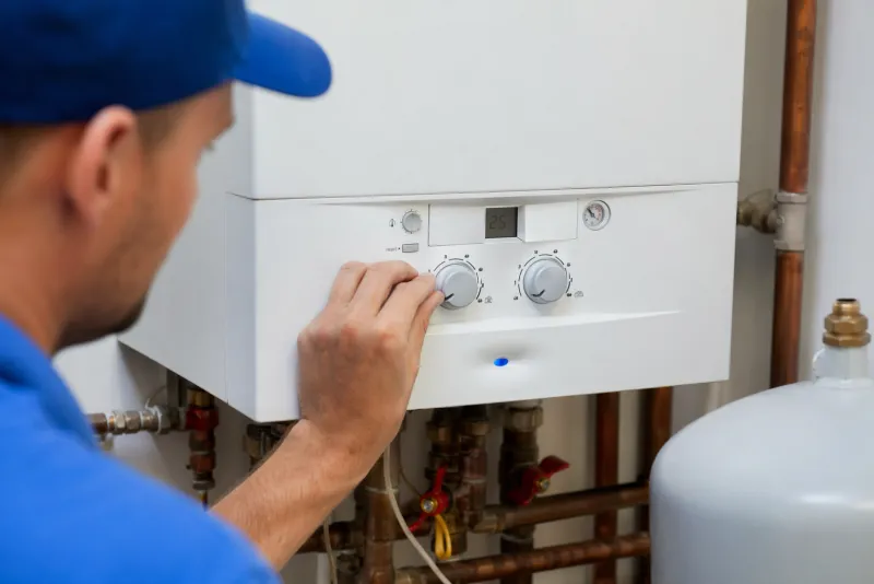 Chauffagiste RGE Raynier réglant une chaudière gaz à condensation