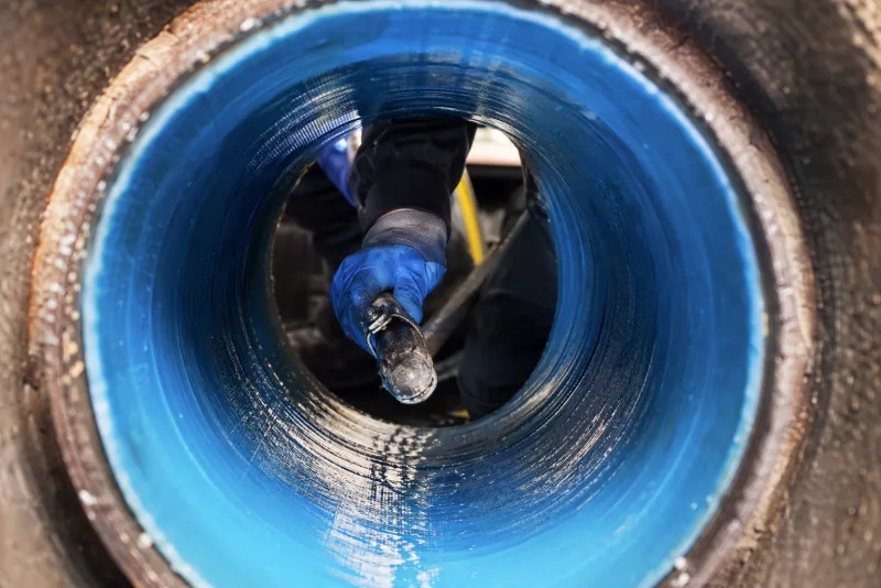 Chemisage de canalisation par résine époxy bleue, technique sans tranchée
