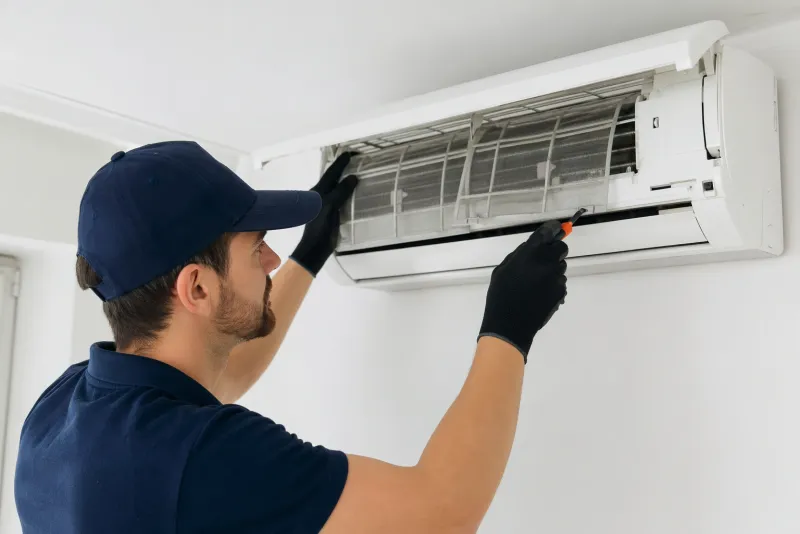 Technicien Raynier en maintenance d'une climatisation réversible